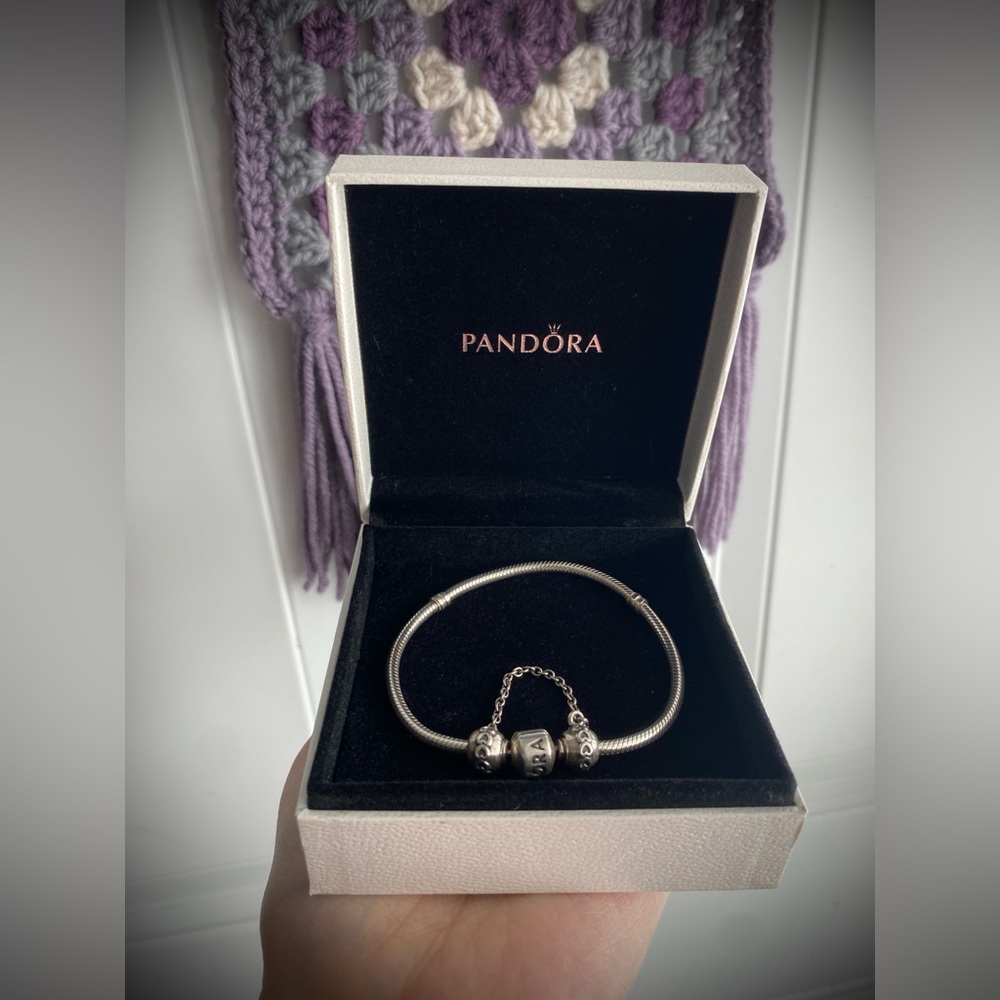 Authentic Pandora Charm Bracelet with Band of Hearts Safety Chain and Box